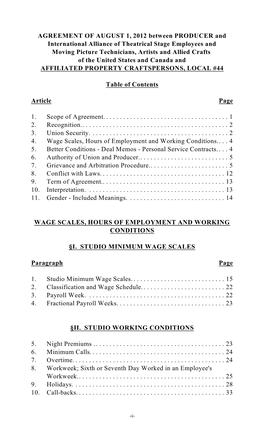 AGREEMENT of AUGUST 1, 2012 Between PRODUCER and International Alliance of Theatrical Stage Employees and Moving Picture Technic