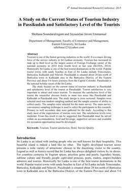 A Study on the Current Status of Tourism Industry in Passikudah and Satisfactory Level of the Tourists