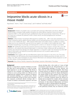 Imipramine Blocks Acute Silicosis in a Mouse Model Rupa Biswas1†, Kevin L