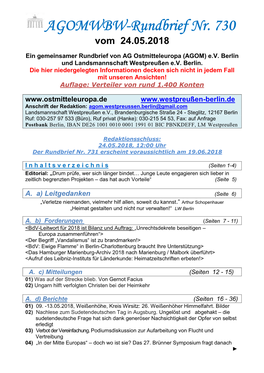 AGOMWBW-Rundbrief Nr. 730 Vom 24.05.2018