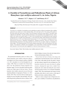 A Checklist of Nectariferous and Polleniferous Plants of African Honeybees (Apis Mellifera Adansonii L.) in Awka, Nigeria