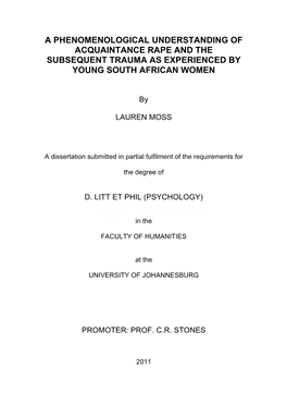 A Phenomenological Understanding of Acquaintance Rape and the Subsequent Trauma As Experienced by Young South African Women