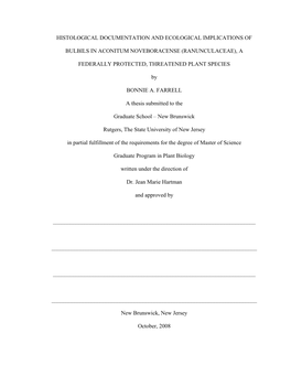 Histological Documentation and Ecological Implications of Bulbils in Aconitum Noveboracense (Ranunculaceae), a Federally Prote