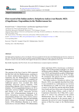 First Record of the Indian Anchovy Stolephorus Indicus (Van Hasselt, 1823) (Clupeiformes: Engraulidae) in the Mediterranean Sea