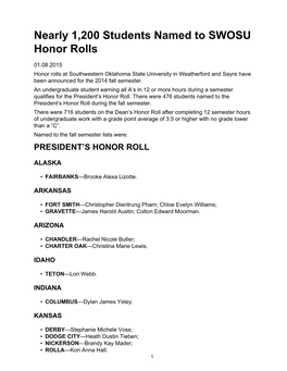 01-08-2015 Nearly 1,200 Students Named to SWOSU Honor Rolls