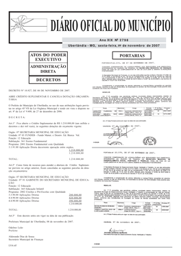 Diário Oficial Do Município Nº 2798, Sexta-Feira, 09 De Novembro De 2007 DIÁRIO OFICIAL DO MUNICÍPIO