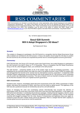 Seoul G20 Summit: Will It Adopt Singapore’S 3G Ideas?