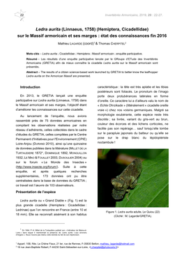 Ledra Aurita (Linnaeus, 1758) (Hemiptera, Cicadellidae) Sur Le Massif Armoricain Et Ses Marges : État Des Connaissances Fin 2016