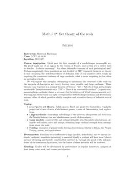 Math 512: Set Theory of the Reals