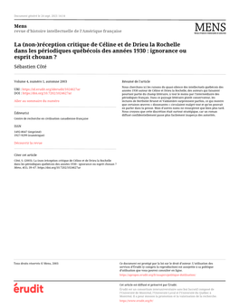 Réception Critique De Céline Et De Drieu La Rochelle Dans Les Périodiques Québécois Des Années 1930 : Ignorance Ou Esprit Chouan ? Sébastien Côté