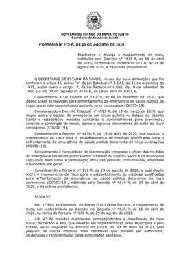 Portaria Sesa Nº 172-R, De 29 De Agosto De 2020