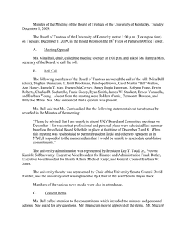 Minutes of the Meeting of the Board of Trustees of the University of Kentucky, Tuesday, December 1, 2009