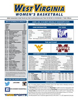 Women's Basketball West Virginia Combined Team Statistics (As of Nov 18, 2014) All Games