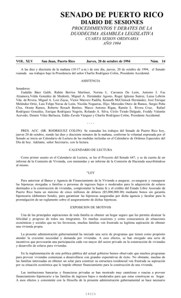 Senado De Puerto Rico Diario De Sesiones Procedimientos Y Debates De La Duodecima Asamblea Legislativa Cuarta Sesion Ordinaria Año 1994