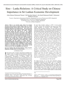 A Critical Study on Chinese Importance in Sri Lankan Economic Development