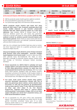 Günlük Bülten 18 Ocak 2021 Piyasalarda Son Görünüm* USD/TL EUR/TRY EUR/USD BIST-100 Gram Altın Gösterge Tahvil 7,4704 9,0196 1,2069 1.524 438,3 14,76