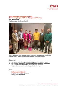 Stars Nepal Alumni Study Tour 2020 Envisioning Nepal 2030: Challenges and Choices 1-4 March 2020 Kathmandu, Radisson Hotel