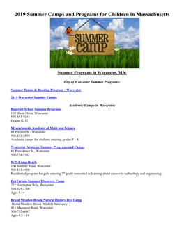 City of Worcester Summer Programs