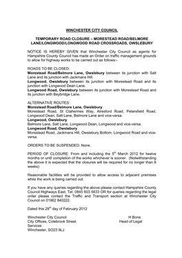 Notice of Made, Temporary Road Closure