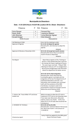 Minutes Municipalité De Sheenboro Date: 11-01-2016 Heure:19:30 P.M