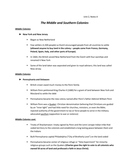 The Middle and Southern Colonies