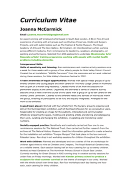 Curriculum Vitae Joanna Mccormick