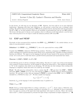 Lecture 5 (Jan 22): Ladner's Theorem and Oracles 5.1 EXP and NEXP