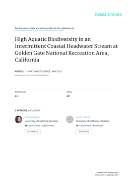 High Aquatic Biodiversity in an Intermittent Coastal Headwater Stream at Golden Gate National Recreation Area, California