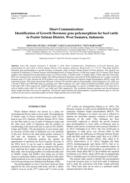 Identification of Growth Hormone Gene Polymorphism for Beef Cattle in Pesisir Selatan District, West Sumatra, Indonesia