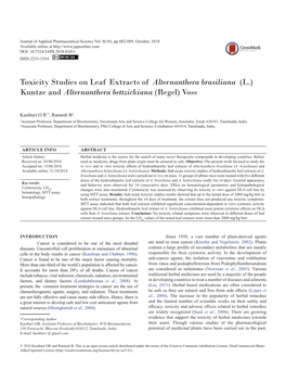 Toxicity Studies on Leaf Extracts of Alternanthera Brasiliana (L.) Kuntze and Alternanthera Bettzickiana (Regel) Voss