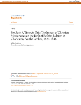 The Impact of Christian Missionaries on the Birth of Reform Judaism in Charleston, South Carolina, 1824-1846