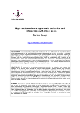 High Carotenoid Corn: Agronomic Evaluation and Interactions with Insect Pests