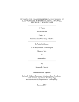 Diverging and Converging Explanatory Models of Sleep Paralysis: Phenomenological, Cultural and Medical Perspectives ______