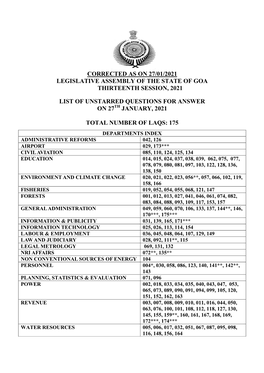 Corrected As on 27/01/2021 Legislative Assembly of the State of Goa Thirteenth Session, 2021