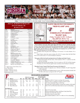 2013-14 FORDHAM UNIVERSITY MEN's BASKETBALL NOTES Game 1