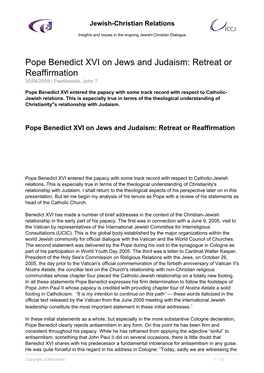 Pope Benedict XVI on Jews and Judaism: Retreat Or Reaffirmation 30/04/2009 | Pawlikowski, John T