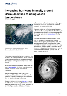 Increasing Hurricane Intensity Around Bermuda Linked to Rising Ocean Temperatures 12 February 2021