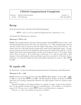 CS5110 Computational Complexity Recap NL Equals Conl