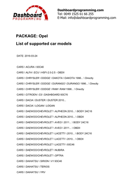 PACKAGE: Opel List of Supported Car Models