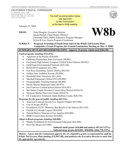 California Coastal Commission Staff Memorandum Regarding Proposed Awarding of Funds from Sales of the Whale Tail License Plate