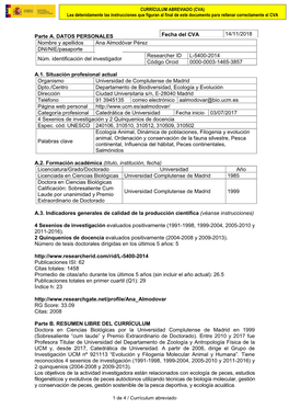 Parte A. DATOS PERSONALES Nombre Y Apellidos Ana Almodóvar Pérez DNI/NIE/Pasaporte Núm. Identificación Del Investigador Rese