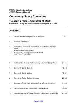 Community Safety Committee Tuesday, 27 September 2016 at 14:00 County Hall, County Hall, West Bridgford, Nottingham, NG2 7QP