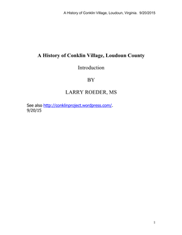 A History of Conklin Village, Loudoun County Introduction by LARRY