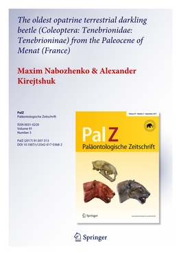 The Oldest Opatrine Terrestrial Darkling Beetle (Coleoptera: Tenebrionidae: Tenebrioninae) from the Paleocene of Menat (France)