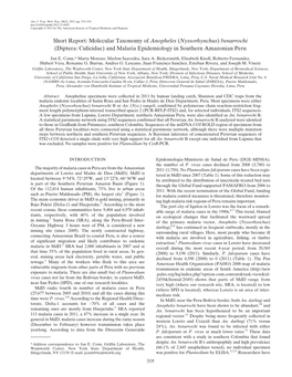 Short Report: Molecular Taxonomy of Anopheles (Nyssorhynchus) Benarrochi (Diptera: Culicidae) and Malaria Epidemiology in Southern Amazonian Peru