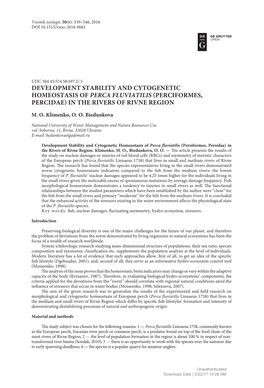 Development Stability and Cytogenetic Homeostasis of Perca Fluviatilis (Perciformes, Percidae) in the Rivers of Rivne Region