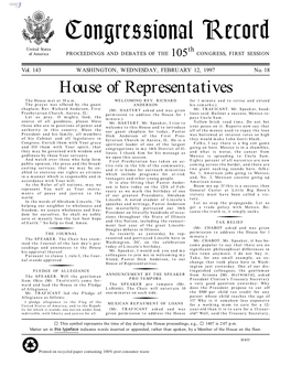 Congressional Record United States Th of America PROCEEDINGS and DEBATES of the 105 CONGRESS, FIRST SESSION