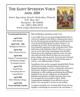 THE SAINT SPYRIDON VOICE APRIL 2020 Saint Spyridon Greek Orthodox Church P.O