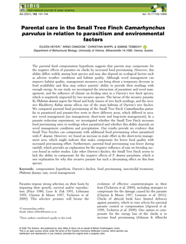 Parental Care in the Small Tree Finch Camarhynchus Parvulus in Relation to Parasitism and Environmental Factors