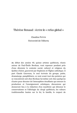 Thérèse Renaud : Écrire Le « Refus Global »